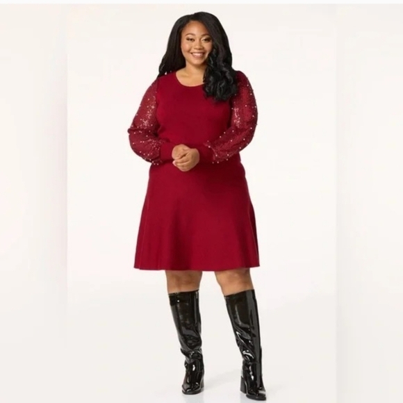 Cato Maroon Sweater Dress with Sequin and Pearl Long Sleeves - Picture 1 of 15